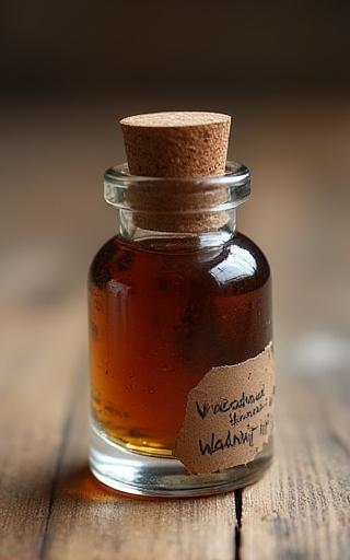A small glass bottle of handmade walnut ink.